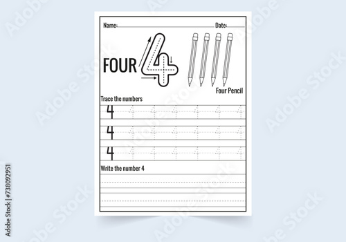 Number four tracing practice worksheet. write and count numbers and  Coloring worksheets