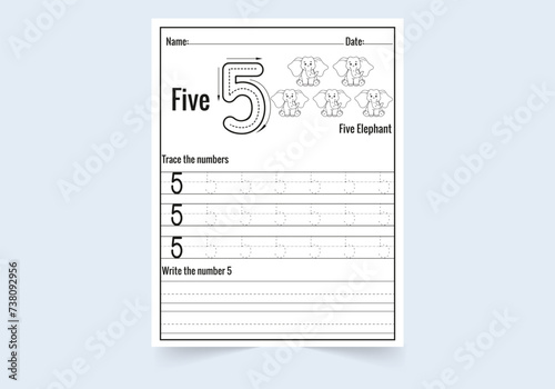 Number five tracing practice worksheet. write and count numbers and  Coloring worksheets