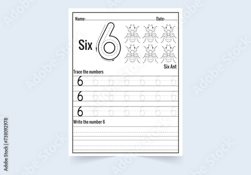 Number six tracing practice worksheet. write and count numbers and  Coloring worksheets