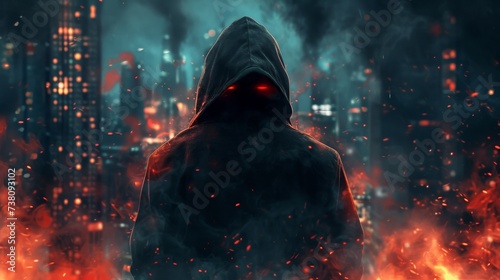 Man in a dark hood with a hood on his head against the backdrop of a burning oil refinery photo