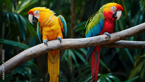 Colorful Parrots Perched on Branches in Tropical Forest, Empty Space for Words  © Gohgah