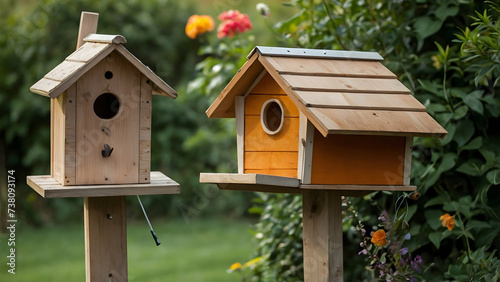 Curious Birds Exploring Birdhouses in a Garden, Plenty of Room for Text 