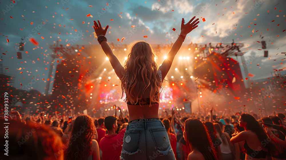 Dancing girl with raised hands at a music festival. Live, rock concert, party, festival night club crowd cheering, stage lights. music concert performance in a huge young crowd stadium - obrazy, fototapety, plakaty 