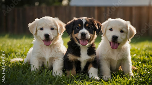 Happy Puppies Enjoying a Sunny Day Outdoors, Blank Space for Messages 