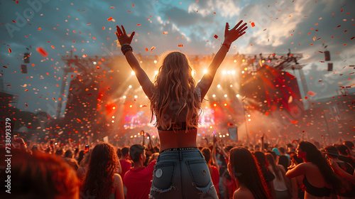 Dancing girl with raised hands at a music festival. Live, rock concert, party, festival night club crowd cheering, stage lights. music concert performance in a huge young crowd stadium photo