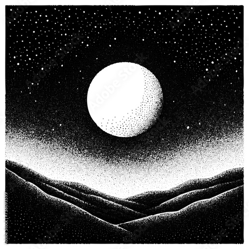 Lunar sands: a monochromatic illustration of the moon's glow over a desert landscape in black and white.
