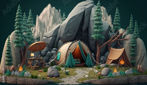 tent camp at the foot of the cliff