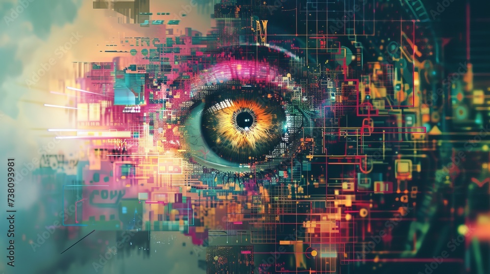 Double exposure of human eye and binary code. Technology concept. Double exposure of human eye and binary code. Technology concept.