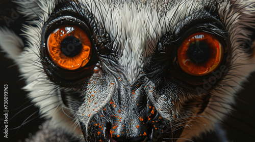 a close up of one large orange eyed lemur, in the style of dark white and black