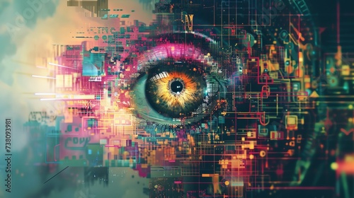Double exposure of human eye and binary code. Technology concept.