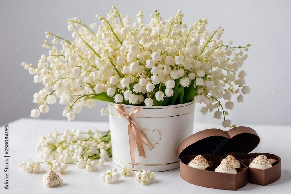 a bouquet of lilies of the valley lies next to a box of chocolates