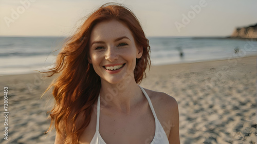 happiness joyful carefree leisure female woman red hair smiling relax enjoy summertime walking along the beach sunset vacation moment at the beach