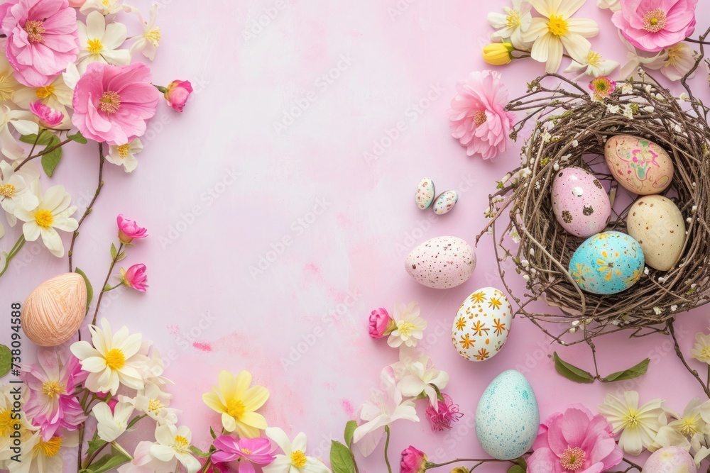 Creative arts Easter eggs nestled in a floral nest on a pink textile background