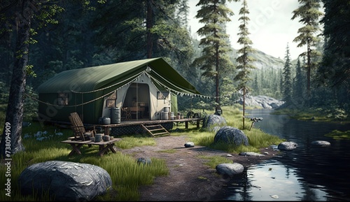 a tent in the forest on the river bank