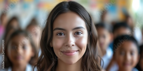 Happy cheerful brunette teacher or trainee girl student or woman at school with diverse ethnic descents in bright classroom with happy children behind her back looking at camera and smiling