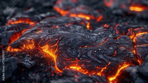 Burning coals in a fireplace, close-up, abstract background.