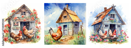 Set of hen house, Chicken Coop, watercolor vintage illustration, generated ai