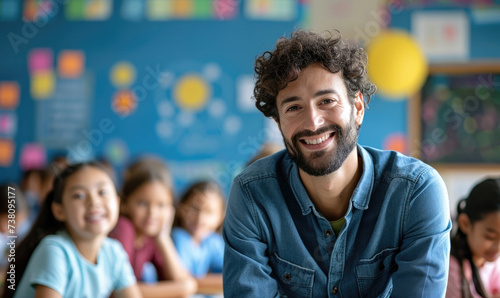 Portrait of smiling male teacher in a class at elementary school looking at camera with learning students on background copy scace --ar 5:3 --v 6 Job ID: 6b3a3dc7-7837-4ab0-9e14-1242f2c30102