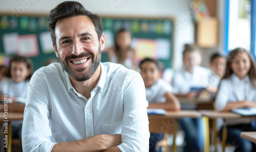 Portrait of smiling male teacher in a class at elementary school looking at camera with learning students on background copy scace --ar 5:3 --v 6 Job ID: 38233dc0-6390-426e-961f-b8b6f25a15bf