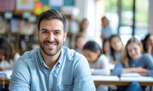 Portrait of smiling male teacher in a class at elementary school looking at camera with learning students on background copy scace --ar 5:3 --v 6 Job ID: 440e6d19-37f3-4152-98e0-9b51935775ad