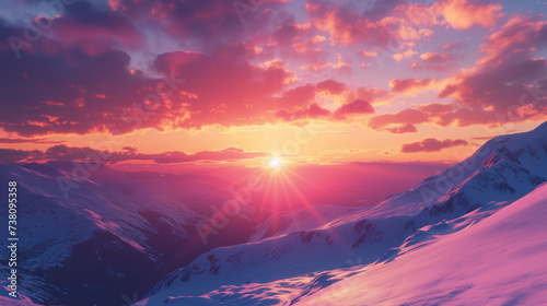 Beautiful shot of the sunset sky over snowy mountains. Landscape painted into golden, blue and purple colors