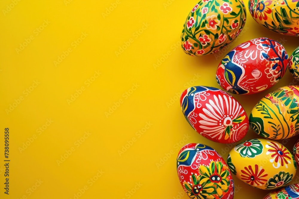a bunch of colorful easter eggs on a yellow background