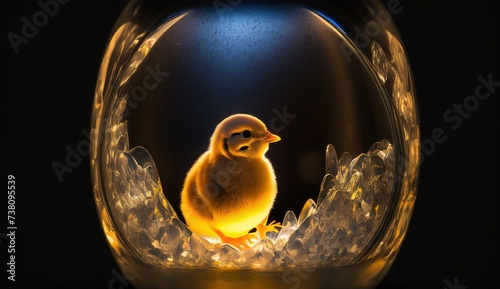 yellow chicken in a crystal transparent ball