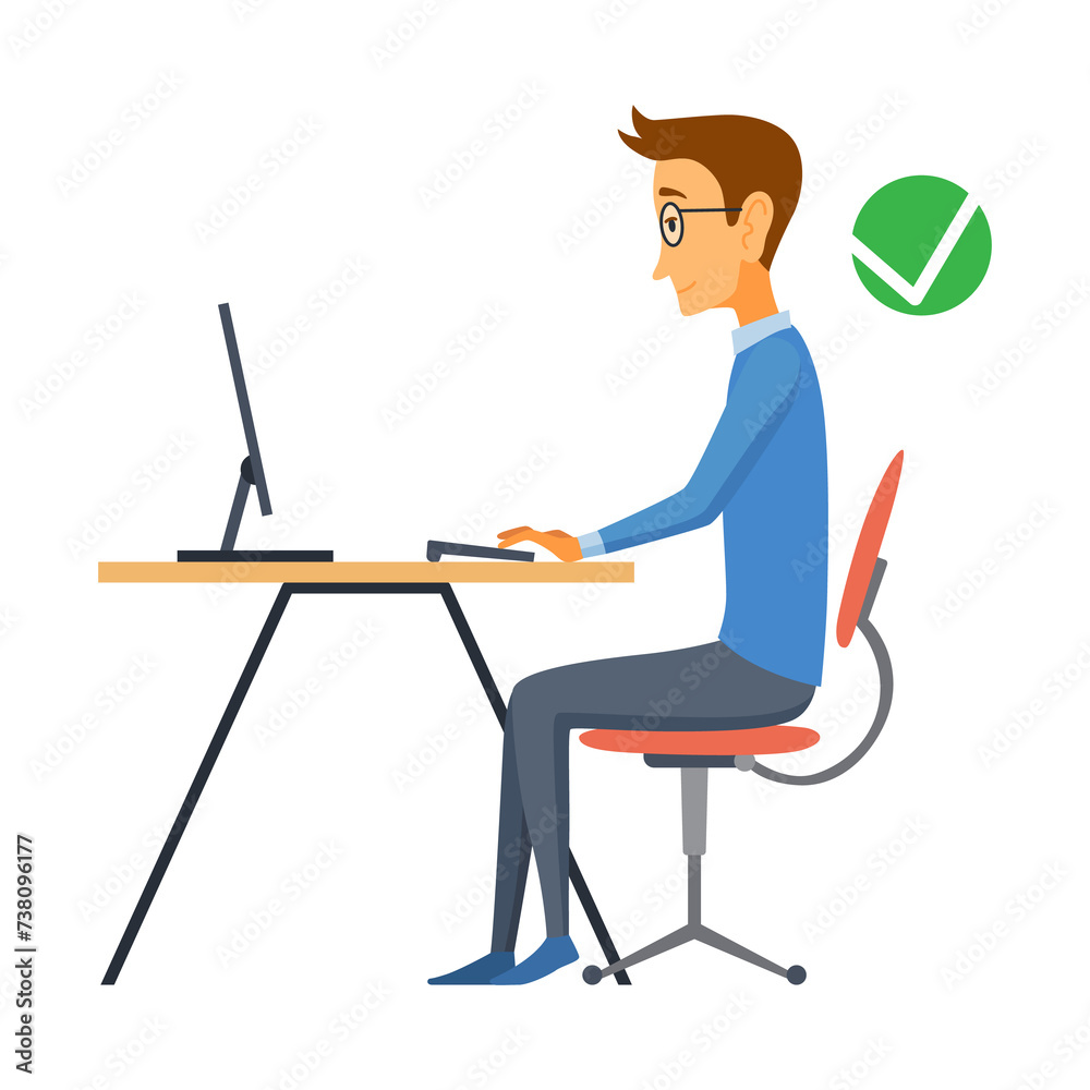 Correct body alignment in sitting working with computer. Wrong posture cause office syndrome and back pain. illustration Correct body alignment in sitting working with computer. Wrong posture cause office syndrome and back pain. illustration
