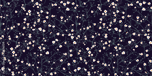 Blossoms tiny abstract ditsy flowers with flat branches seamless pattern on a dark black background. Vector hand drawn sketch. Creative floral drops polka dots printing.Template for design, collage
