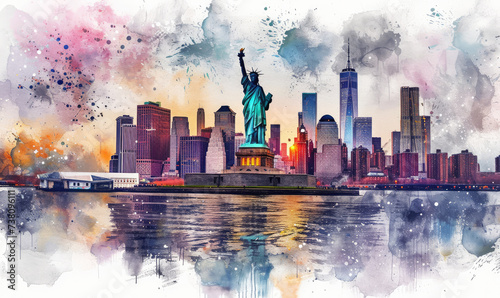 Watercolor The Statue of Liberty over the Scene of New york cityscape river side which location is lower manhattan,Architecture and building with tourist concept