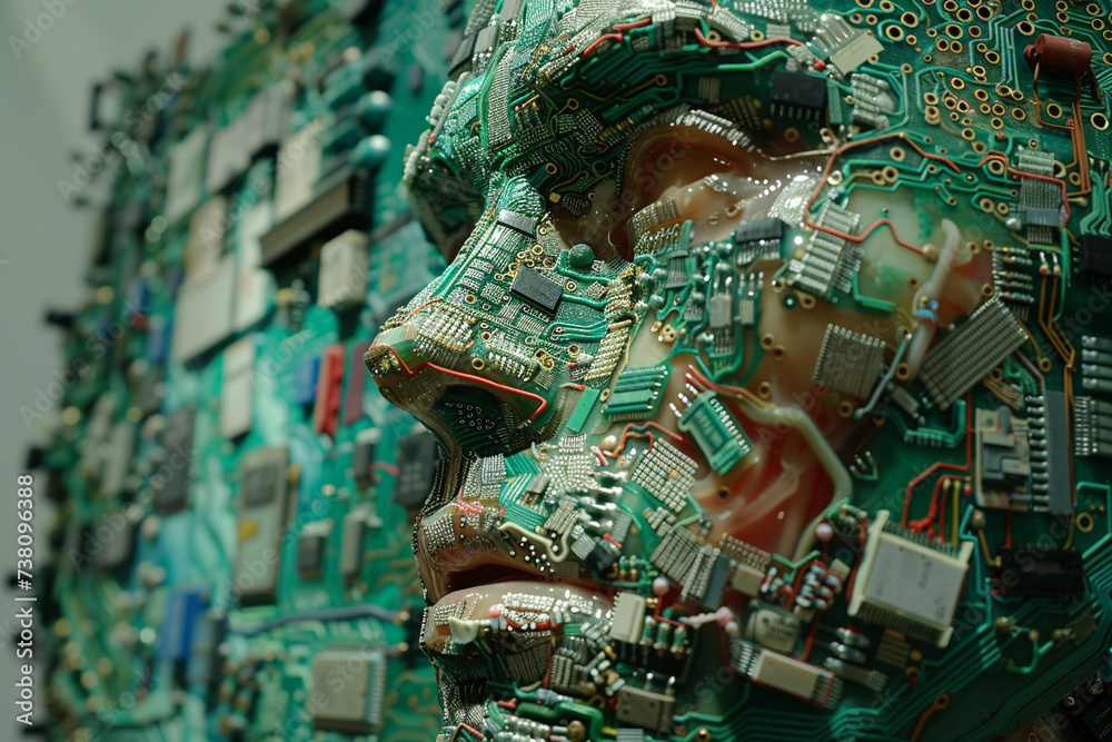 Create a one of a kind artistic representation of the fusion between a circuit board and a human face emphasizing their symbiotic relationship