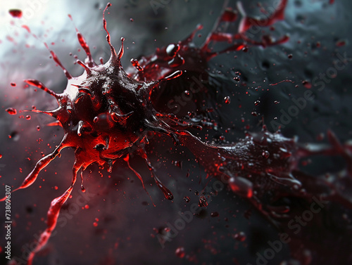 Create a captivating 3D render of a sinister virus enveloped in a dark viscous fluid