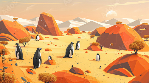 Create a mesmerizing background illustration featuring a desert landscape with scattered penguin sculptures