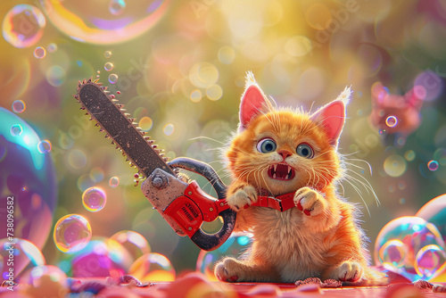 Create an enchanting 3D render of a cheerful kitten with a chainsaw adopting a cartoon like appearance set against a vibrant and bubbly backdrop photo