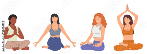 Set of tranquil women with closed eyes and croosed legs meditating in yoga lotus posture. Meditation practice.