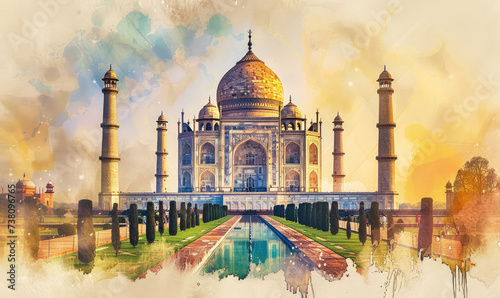 Watercolor Taj Mahal, Agra, Uttar Pradesh, India, sunny day view photo