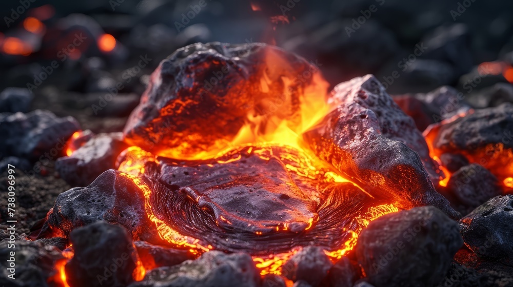 Volcanic eruption with lava flow, close-up view. Volcanic eruption with lava flow, close-up view.