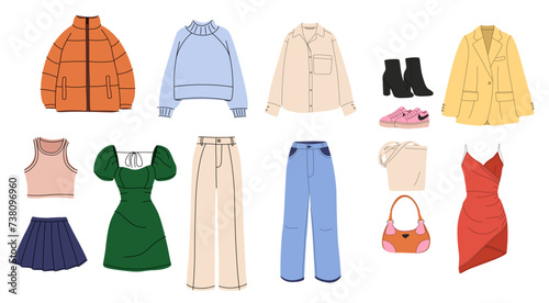 Fashion clothes set. Garment, accessory for men, women. Different apparel collection. Modern casual dress, pants.