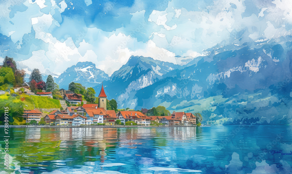 Naklejka premium Watercolor village Weggis, lake Lucerne , Pilatus mountain and Swiss Alps in the background near famous Lucerne city, Switzerland