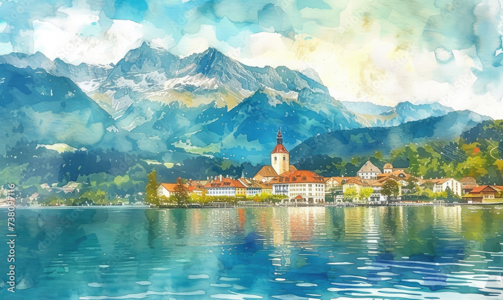 Watercolor village Weggis, lake Lucerne , Pilatus mountain and Swiss Alps in the background near famous Lucerne city, Switzerland