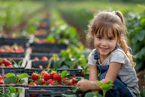 A girl is harvesting strawberries in the strawberry garden