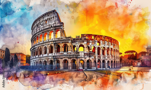 Watercolor Colosseum in Rome at sunrise, Italy, Europe
