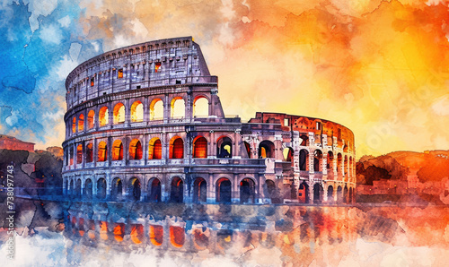 Watercolor Colosseum in Rome at sunrise  Italy  Europe