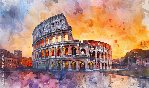 Watercolor Colosseum in Rome at sunrise, Italy, Europe photo