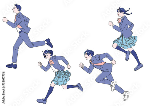 走り出す元気な男女の学生たち