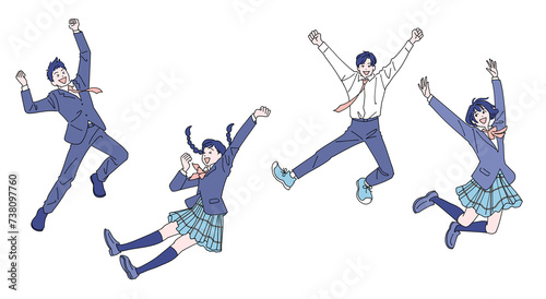 ジャンプする元気な男子学生と女子学生のセット