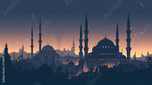 Silhouette of mosque in the city at night