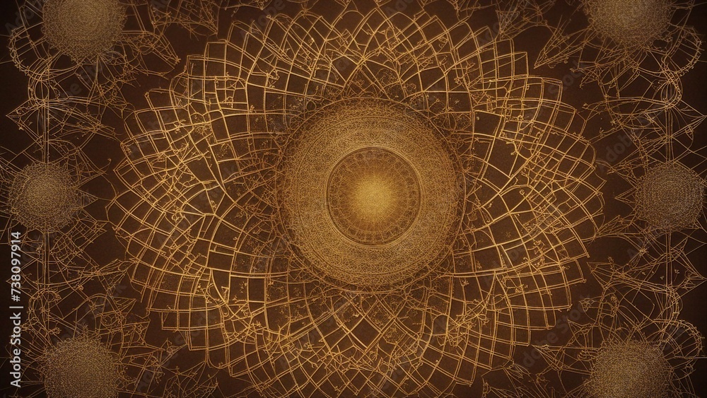 abstract fractal background _A dark gold mandala of sacred geometry on a chocolate brown background. Pentagons, suns,  
