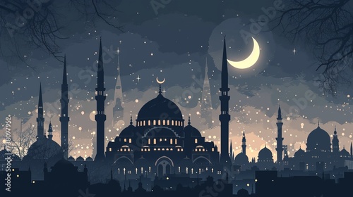 Ramadan Kareem background with mosque and golden lights.