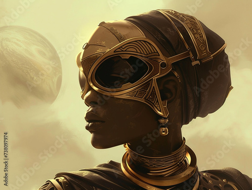 Create an intriguing fusion of African and futuristic elements to depict a powerful woman from another planet photo